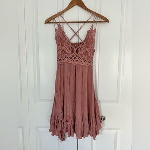 Free People Adella‎ Slip Dress Lace Western Casual Boho Rose Pink Dress Small